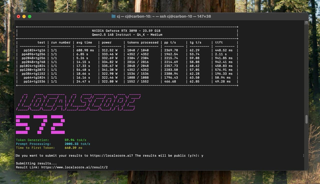 Screenshot of the LocalScore CLI running in a terminal